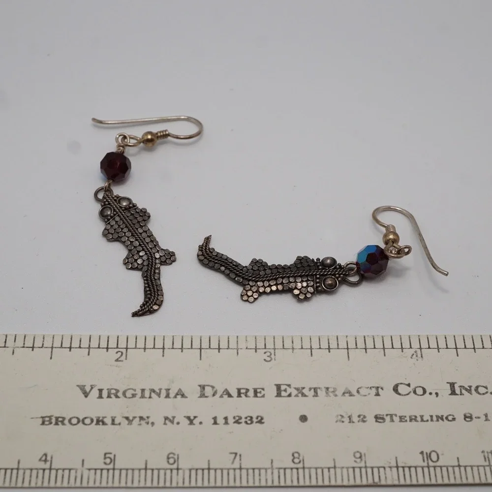 Sterling Silver 925 Lizard Gecko Dangle Earrings Iridescent Bead 3.23g